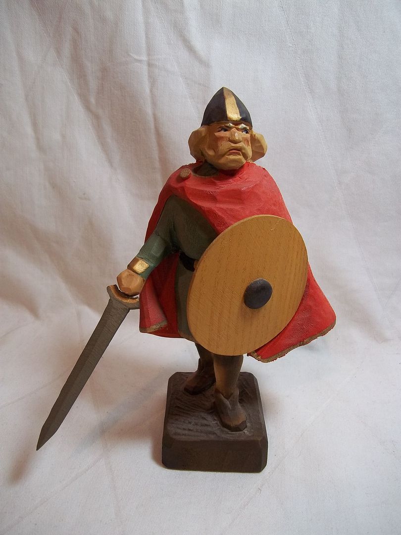 Vtg Hand Carved HENNING WOODEN VIKING STATUE Solider Sword NORWAY